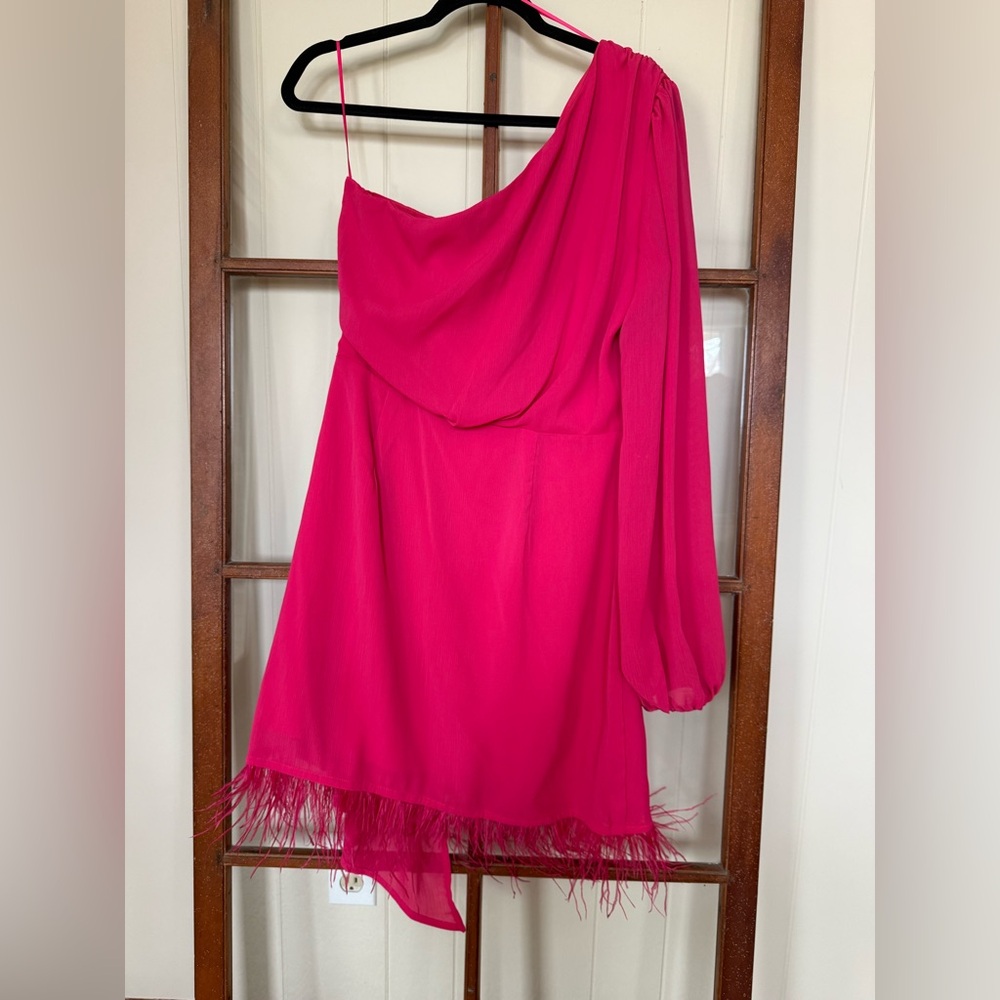 VICI Gaze One Shoulder Feather Bold Hot Pink Mini Party Cocktail Dress - Large - Picture 8 of 8